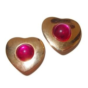 Vintage Earrings Clip On Liz Claiborne Pink Cabochon Goldtone‎ Heart